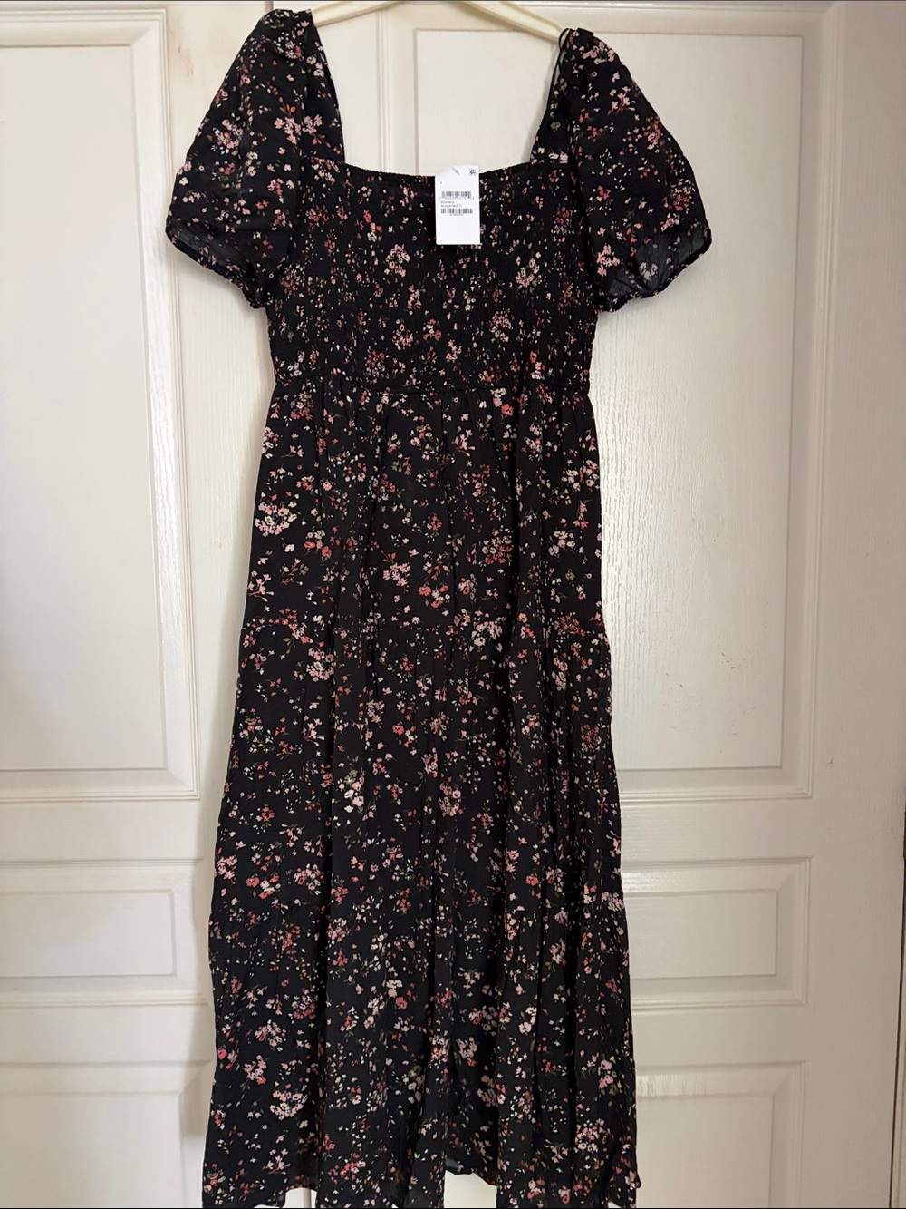 Smocked Black Floral Midi Dress with Puff Sleeves